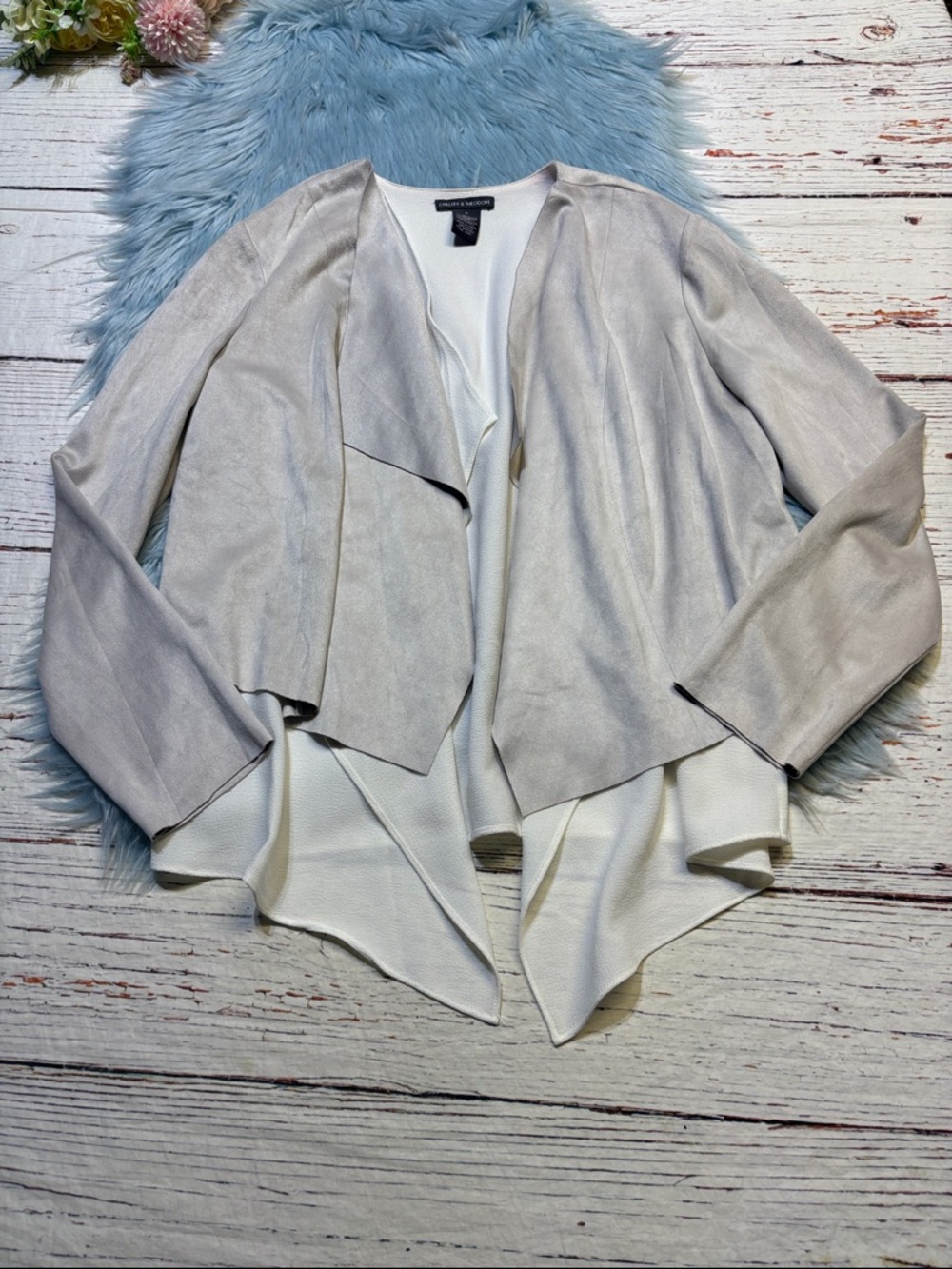 Chelsea & Theodore Faux Suede Mixed Media Drapey Open Front Cardigan sz M